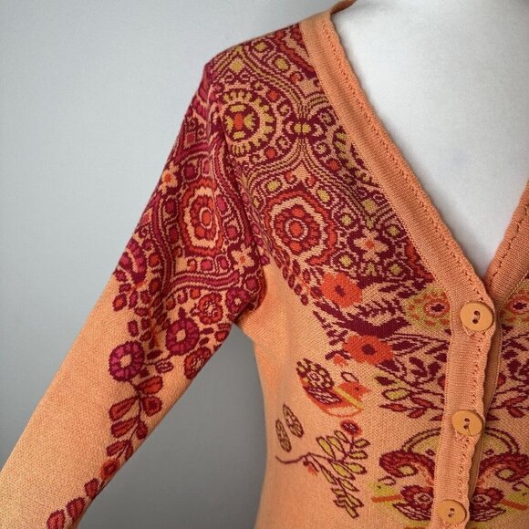 KOOI Knitwear Sz M Orange Red Floral Long Cardigan Artsy Boho Retro Festival Hip - Picture 3 of 13